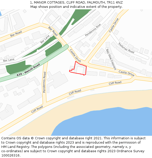 1, MANOR COTTAGES, CLIFF ROAD, FALMOUTH, TR11 4NZ: Location map and indicative extent of plot