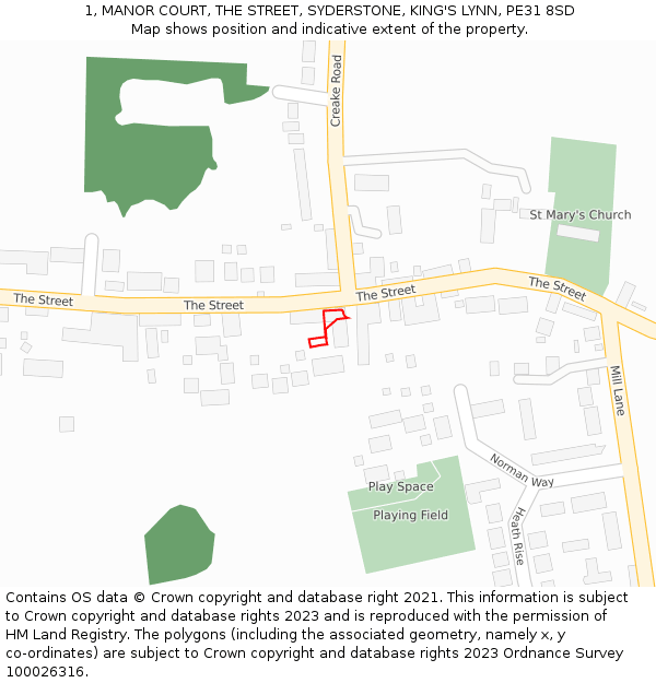 1, MANOR COURT, THE STREET, SYDERSTONE, KING'S LYNN, PE31 8SD: Location map and indicative extent of plot