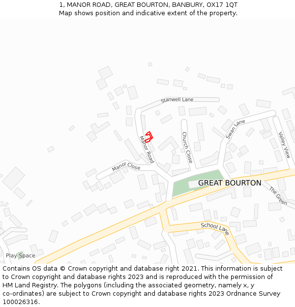 1, MANOR ROAD, GREAT BOURTON, BANBURY, OX17 1QT: Location map and indicative extent of plot