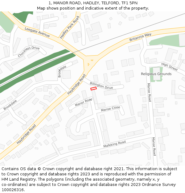 1, MANOR ROAD, HADLEY, TELFORD, TF1 5PN: Location map and indicative extent of plot