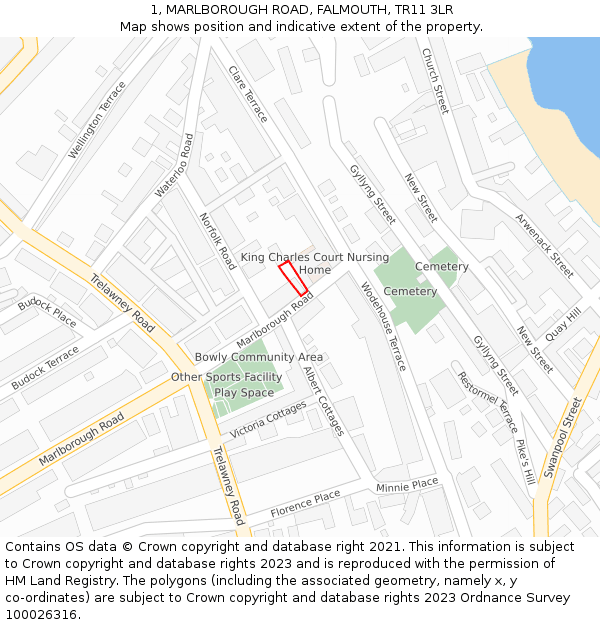 1, MARLBOROUGH ROAD, FALMOUTH, TR11 3LR: Location map and indicative extent of plot