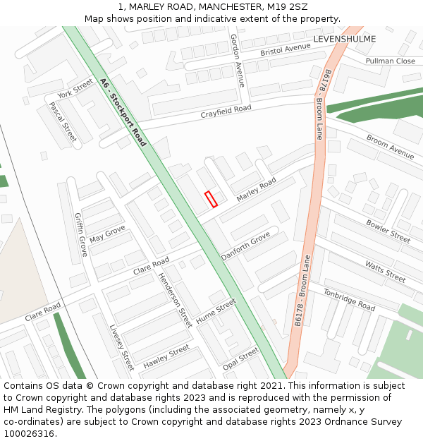 1, MARLEY ROAD, MANCHESTER, M19 2SZ: Location map and indicative extent of plot