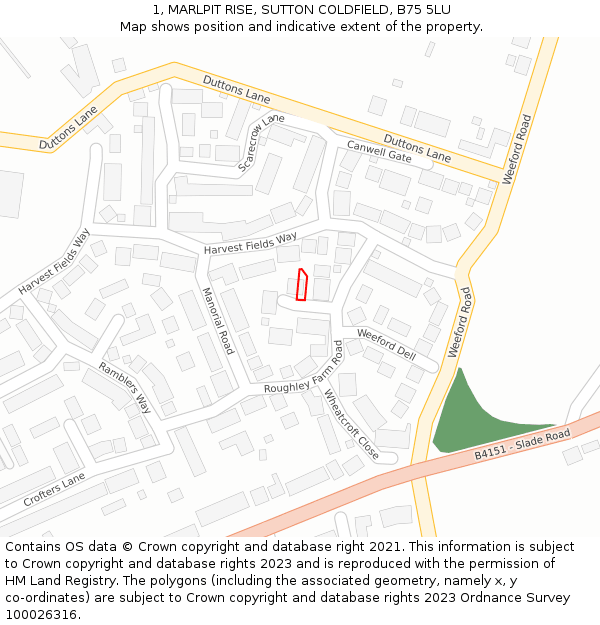 1, MARLPIT RISE, SUTTON COLDFIELD, B75 5LU: Location map and indicative extent of plot