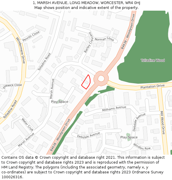 1, MARSH AVENUE, LONG MEADOW, WORCESTER, WR4 0HJ: Location map and indicative extent of plot