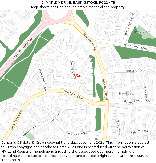 1, MATILDA DRIVE, BASINGSTOKE, RG22 4TB: Location map and indicative extent of plot