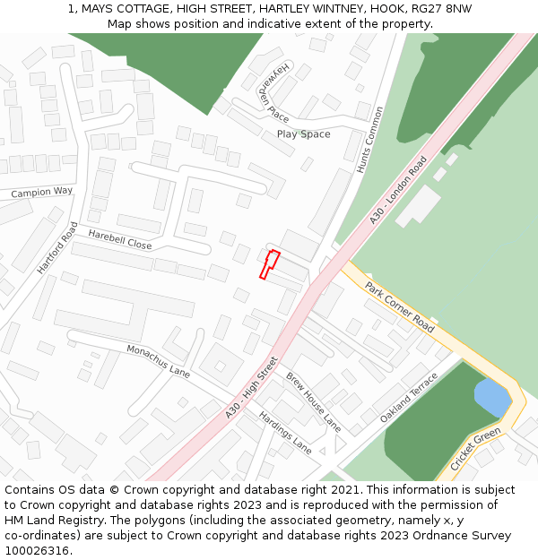 1, MAYS COTTAGE, HIGH STREET, HARTLEY WINTNEY, HOOK, RG27 8NW: Location map and indicative extent of plot