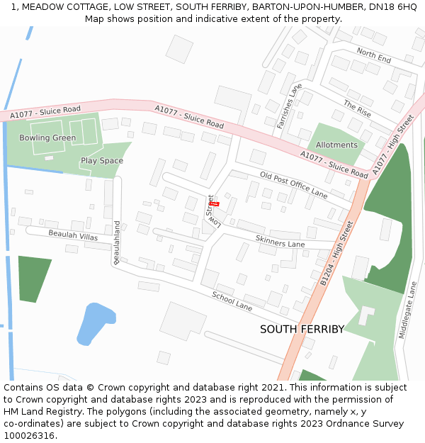 1, MEADOW COTTAGE, LOW STREET, SOUTH FERRIBY, BARTON-UPON-HUMBER, DN18 6HQ: Location map and indicative extent of plot