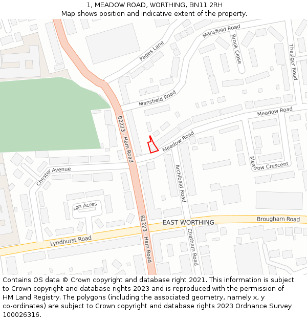 1, MEADOW ROAD, WORTHING, BN11 2RH: Location map and indicative extent of plot
