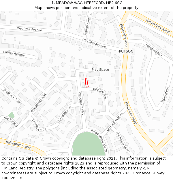 1, MEADOW WAY, HEREFORD, HR2 6SG: Location map and indicative extent of plot
