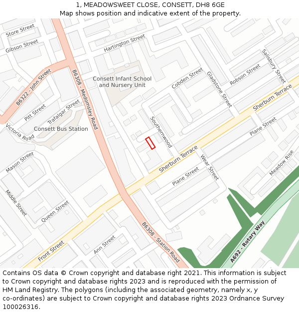 1, MEADOWSWEET CLOSE, CONSETT, DH8 6GE: Location map and indicative extent of plot
