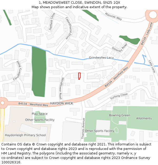 1, MEADOWSWEET CLOSE, SWINDON, SN25 1QX: Location map and indicative extent of plot