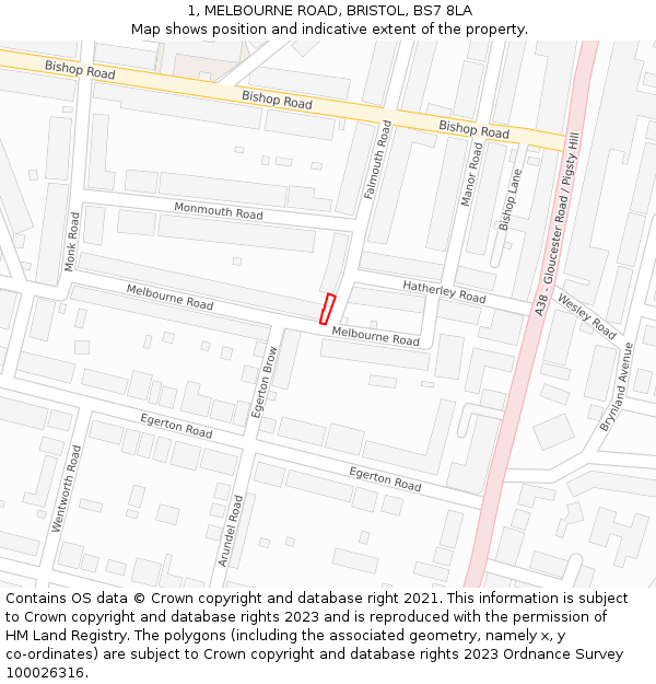1, MELBOURNE ROAD, BRISTOL, BS7 8LA: Location map and indicative extent of plot