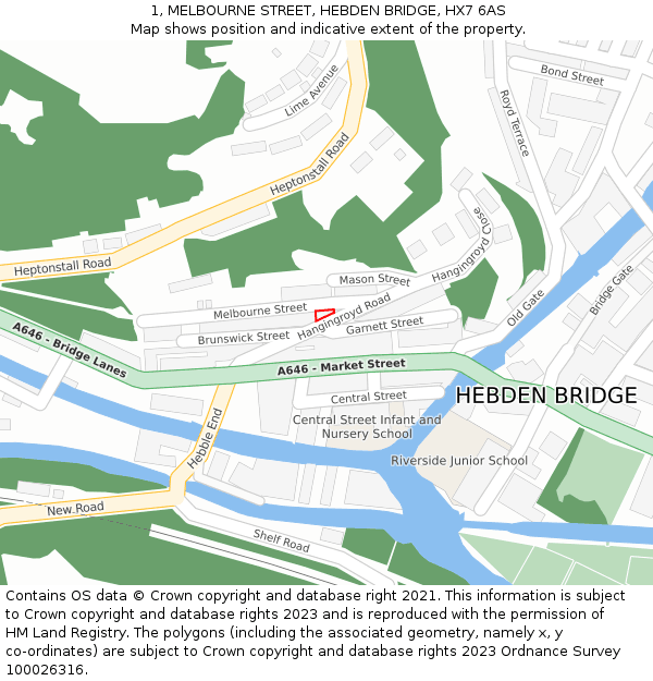 1, MELBOURNE STREET, HEBDEN BRIDGE, HX7 6AS: Location map and indicative extent of plot