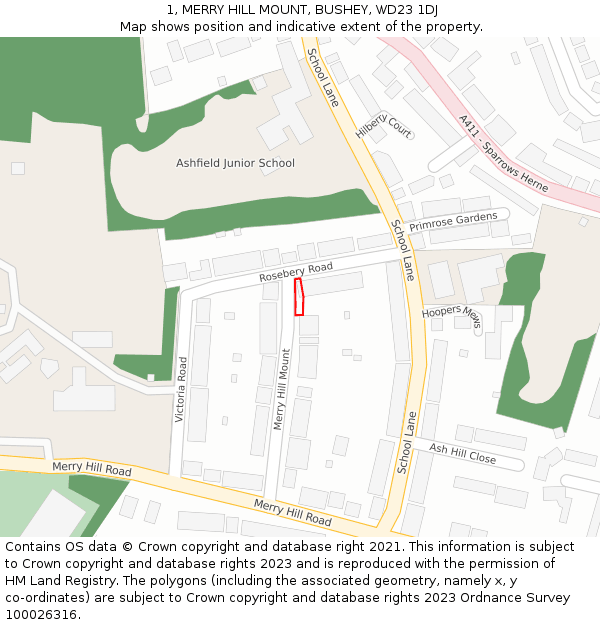 1, MERRY HILL MOUNT, BUSHEY, WD23 1DJ: Location map and indicative extent of plot