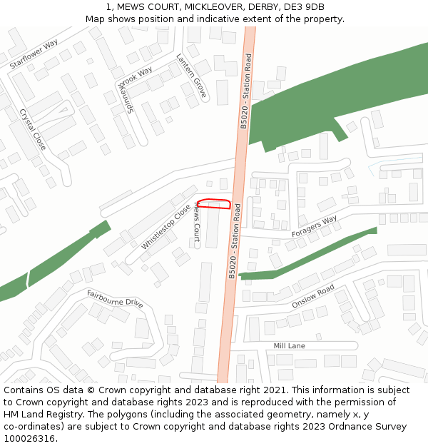 1, MEWS COURT, MICKLEOVER, DERBY, DE3 9DB: Location map and indicative extent of plot