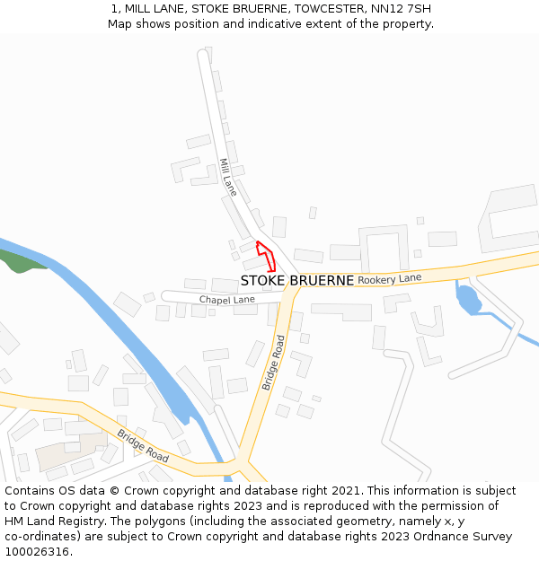 1, MILL LANE, STOKE BRUERNE, TOWCESTER, NN12 7SH: Location map and indicative extent of plot