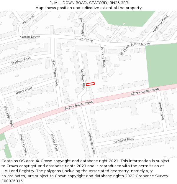 1, MILLDOWN ROAD, SEAFORD, BN25 3PB: Location map and indicative extent of plot