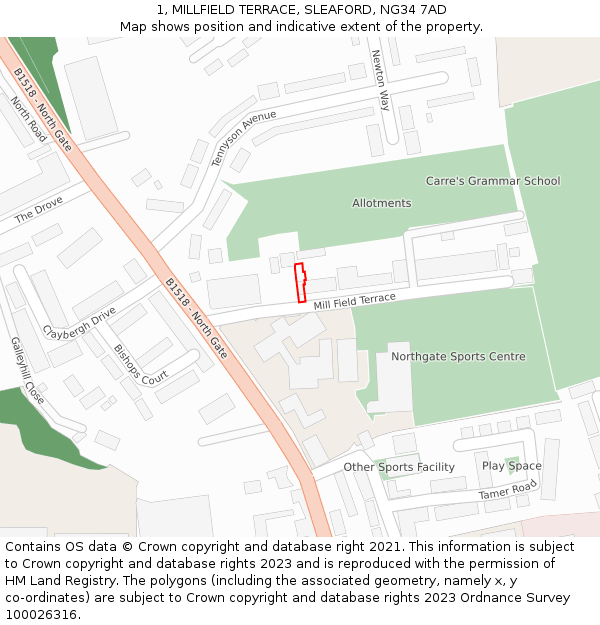 1, MILLFIELD TERRACE, SLEAFORD, NG34 7AD: Location map and indicative extent of plot