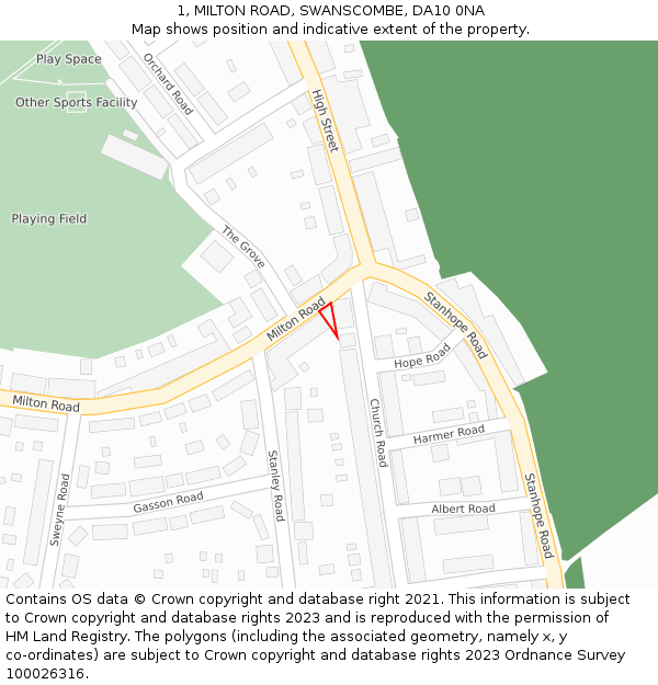 1, MILTON ROAD, SWANSCOMBE, DA10 0NA: Location map and indicative extent of plot