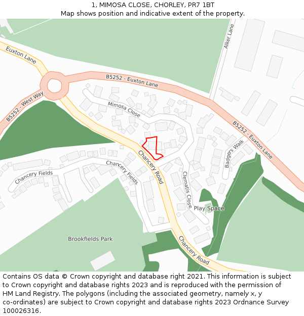 1, MIMOSA CLOSE, CHORLEY, PR7 1BT: Location map and indicative extent of plot