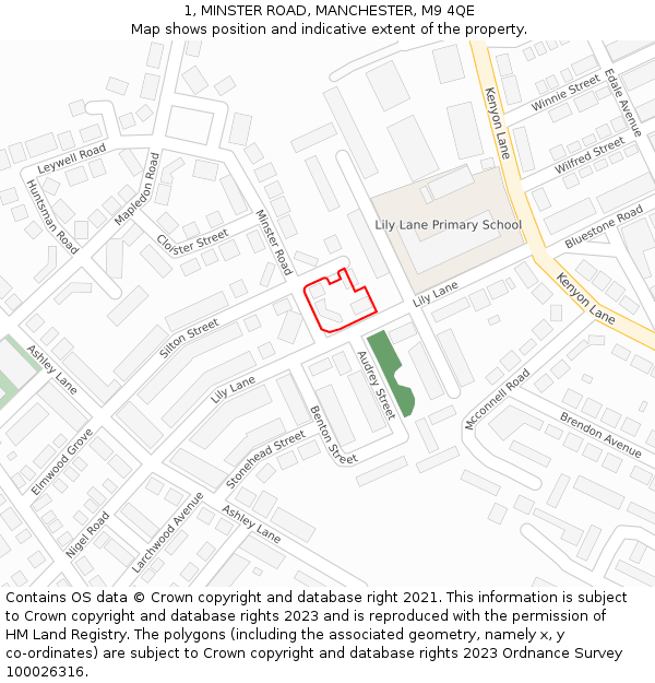1, MINSTER ROAD, MANCHESTER, M9 4QE: Location map and indicative extent of plot
