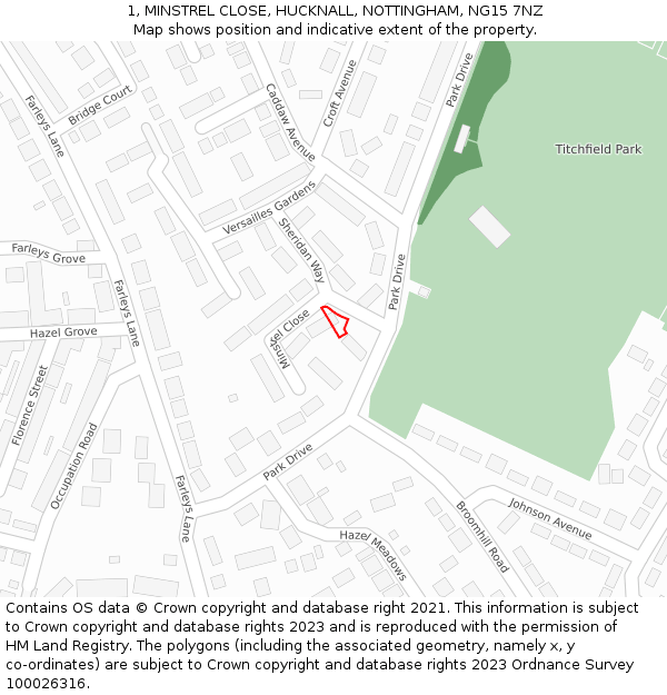 1, MINSTREL CLOSE, HUCKNALL, NOTTINGHAM, NG15 7NZ: Location map and indicative extent of plot