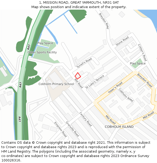 1, MISSION ROAD, GREAT YARMOUTH, NR31 0AT: Location map and indicative extent of plot