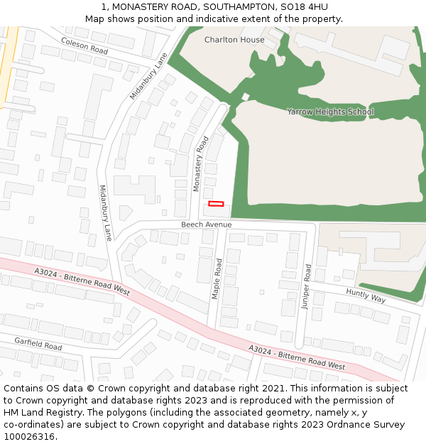 1, MONASTERY ROAD, SOUTHAMPTON, SO18 4HU: Location map and indicative extent of plot