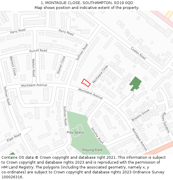 1, MONTAGUE CLOSE, SOUTHAMPTON, SO19 0QD: Location map and indicative extent of plot
