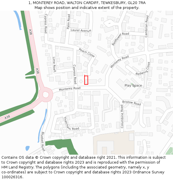 1, MONTEREY ROAD, WALTON CARDIFF, TEWKESBURY, GL20 7RA: Location map and indicative extent of plot