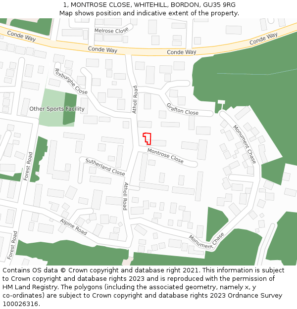 1, MONTROSE CLOSE, WHITEHILL, BORDON, GU35 9RG: Location map and indicative extent of plot