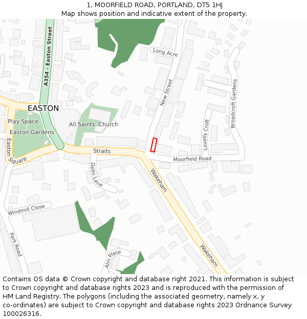 1, MOORFIELD ROAD, PORTLAND, DT5 1HJ: Location map and indicative extent of plot