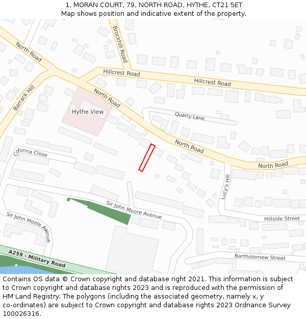 1, MORAN COURT, 79, NORTH ROAD, HYTHE, CT21 5ET: Location map and indicative extent of plot