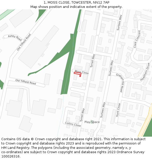 1, MOSS CLOSE, TOWCESTER, NN12 7AP: Location map and indicative extent of plot