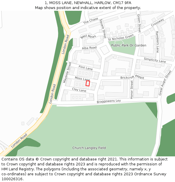 1, MOSS LANE, NEWHALL, HARLOW, CM17 9FA: Location map and indicative extent of plot