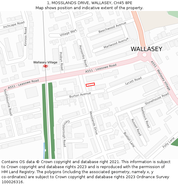 1, MOSSLANDS DRIVE, WALLASEY, CH45 8PE: Location map and indicative extent of plot