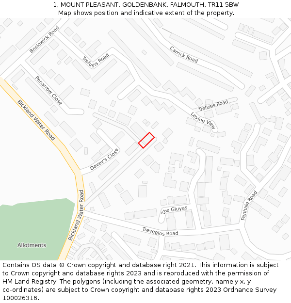 1, MOUNT PLEASANT, GOLDENBANK, FALMOUTH, TR11 5BW: Location map and indicative extent of plot