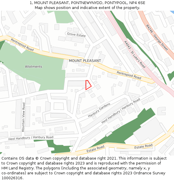 1, MOUNT PLEASANT, PONTNEWYNYDD, PONTYPOOL, NP4 6SE: Location map and indicative extent of plot