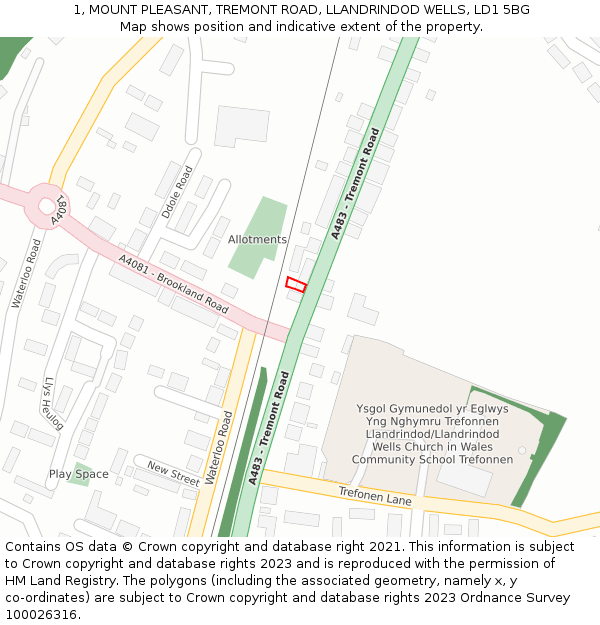 1, MOUNT PLEASANT, TREMONT ROAD, LLANDRINDOD WELLS, LD1 5BG: Location map and indicative extent of plot