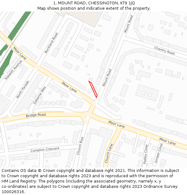 1, MOUNT ROAD, CHESSINGTON, KT9 1JQ: Location map and indicative extent of plot