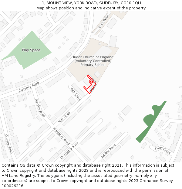 1, MOUNT VIEW, YORK ROAD, SUDBURY, CO10 1QH: Location map and indicative extent of plot