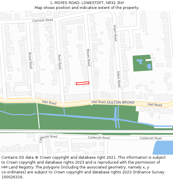 1, MOYES ROAD, LOWESTOFT, NR32 3NY: Location map and indicative extent of plot