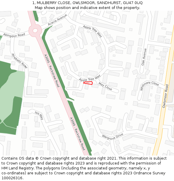1, MULBERRY CLOSE, OWLSMOOR, SANDHURST, GU47 0UQ: Location map and indicative extent of plot