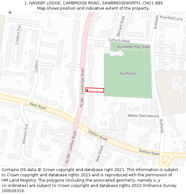 1, NASEBY LODGE, CAMBRIDGE ROAD, SAWBRIDGEWORTH, CM21 9BS: Location map and indicative extent of plot