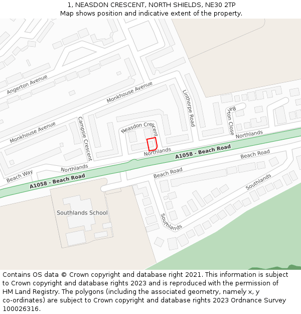 1, NEASDON CRESCENT, NORTH SHIELDS, NE30 2TP: Location map and indicative extent of plot