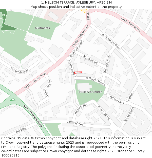 1, NELSON TERRACE, AYLESBURY, HP20 2JN: Location map and indicative extent of plot