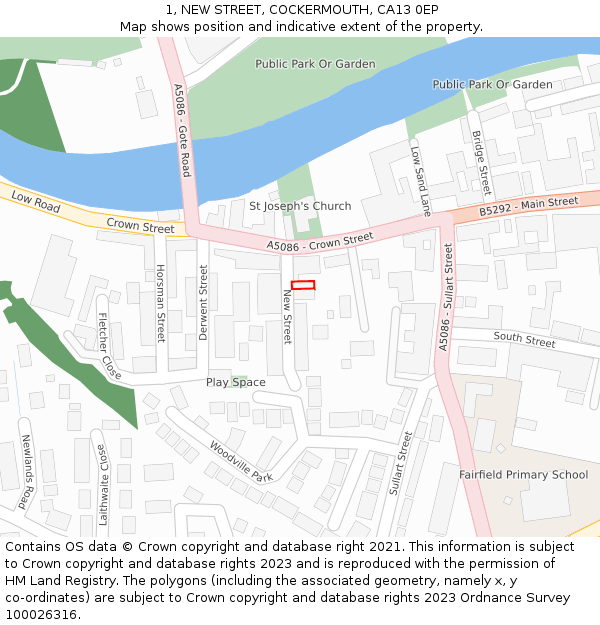 1, NEW STREET, COCKERMOUTH, CA13 0EP: Location map and indicative extent of plot