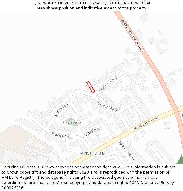 1, NEWBURY DRIVE, SOUTH ELMSALL, PONTEFRACT, WF9 2XP: Location map and indicative extent of plot