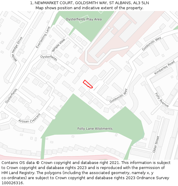 1, NEWMARKET COURT, GOLDSMITH WAY, ST ALBANS, AL3 5LN: Location map and indicative extent of plot
