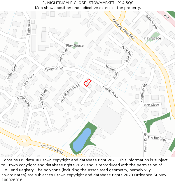 1, NIGHTINGALE CLOSE, STOWMARKET, IP14 5QS: Location map and indicative extent of plot